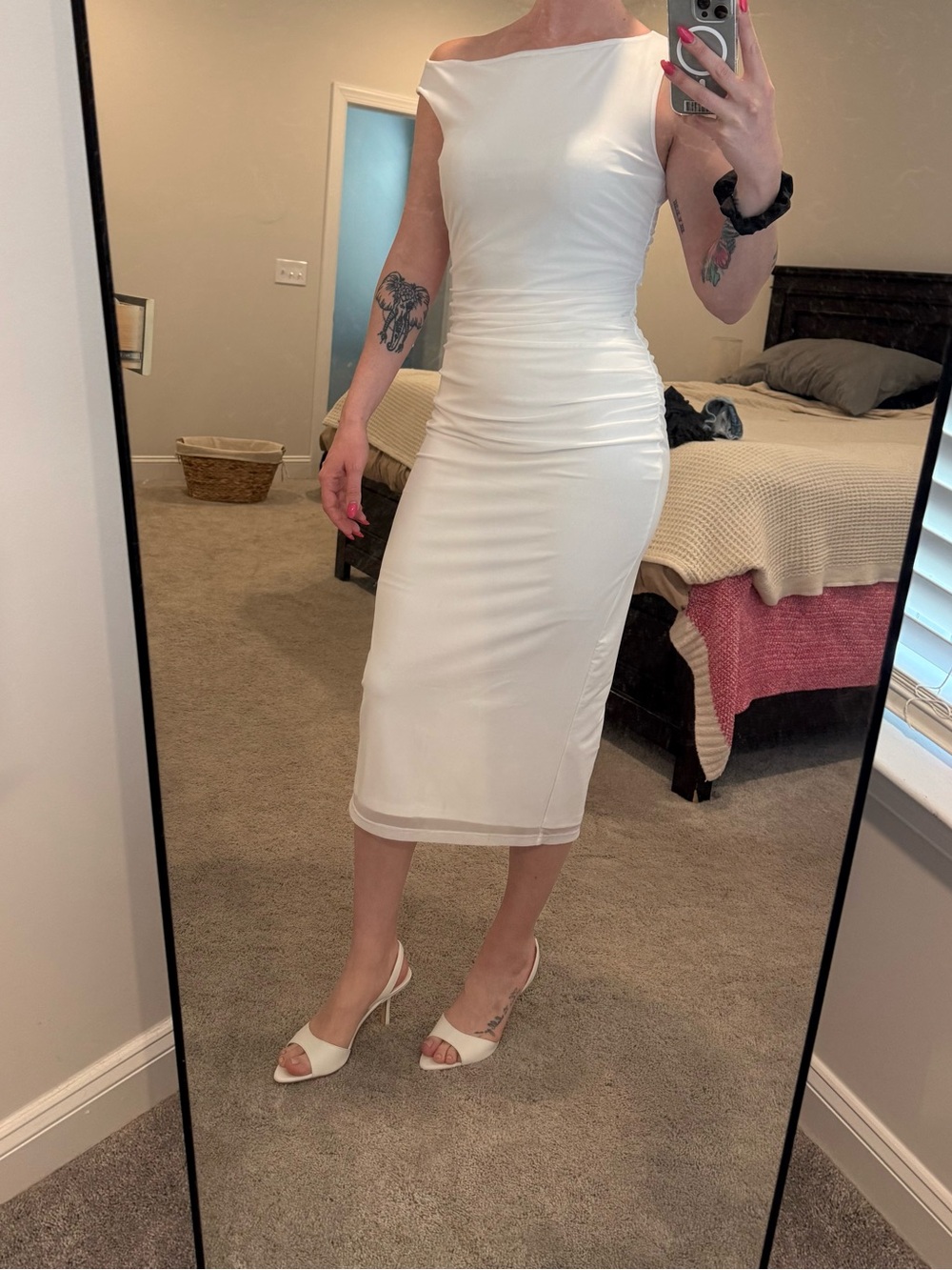 White Off-Shoulder Midi Dress tags attached